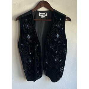 Vintage 90s‎ Effeci Beaded Sequin Velvet Vest M Whimsigoth Black Fairy Witchy